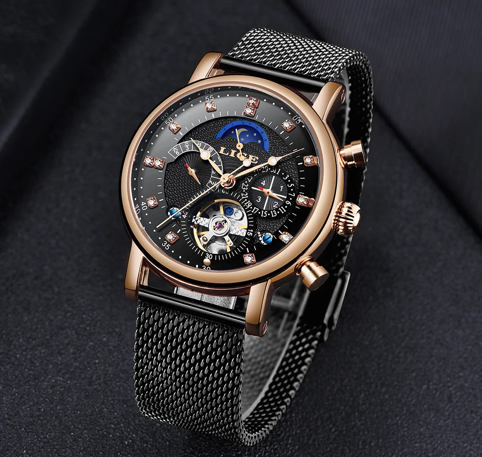 Бренд lige Tourbillon модные часы в деловом стиле автоматические механические часы мужские повседневные Водонепроницаемые кожаные часы Relogio Masculino