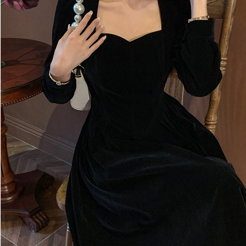 

Women’s Velvet Dress 2022 Elegant One Piece Dress Party Black Dress Autumn Winter Vintage Slim High Waist Evening Midi Dress
