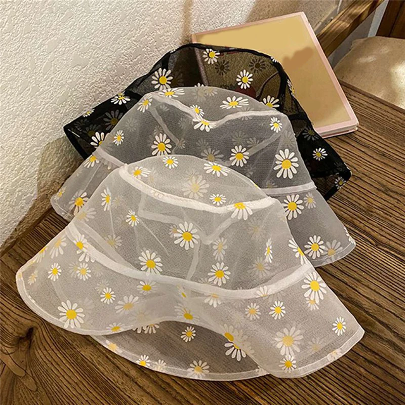 

Summer Daisies Embroidered Buckets Hat Women Transparent Panama Lace Flower Beach Hats High Top Snapback Fashion Daisy Sun Cap