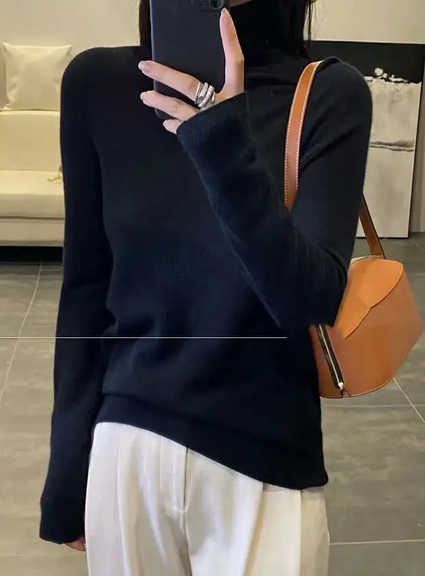 Женский Универсальный однотонный свитер из 100% шерсти пуловер с высоким воротом