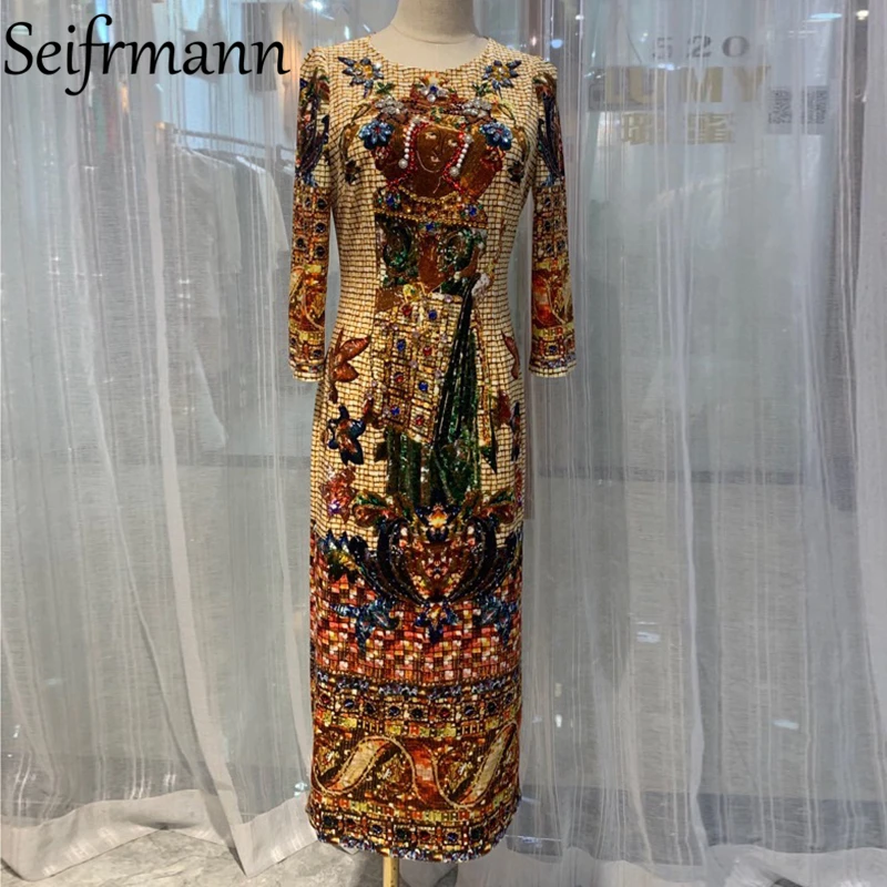 

Seifrmann New 2021 Autumn Women Fashion Designer Party Midi Dress Long Sleeve Gorgeous Crystal Beading Elegant Velvet Dresses