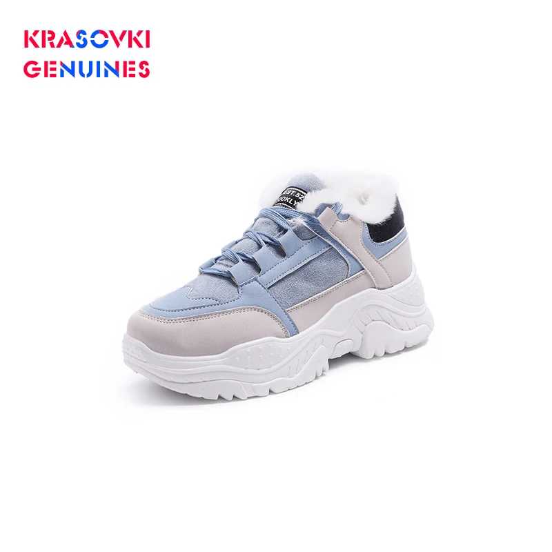 Krasovki Genuines/женские зимние кроссовки с круглым носком модные теплые плюшевые