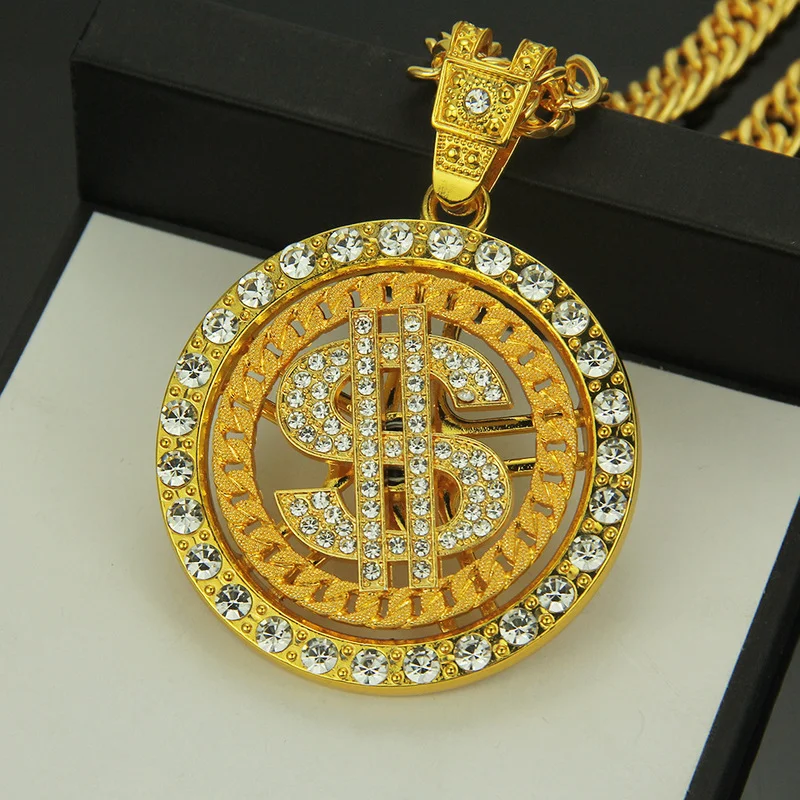 

Hip Hop Necklace Men Brand Trency Necklace Diamond-studded Dollar Turning Pendant Necklace Male Jewlery Charms Playboy Necklace