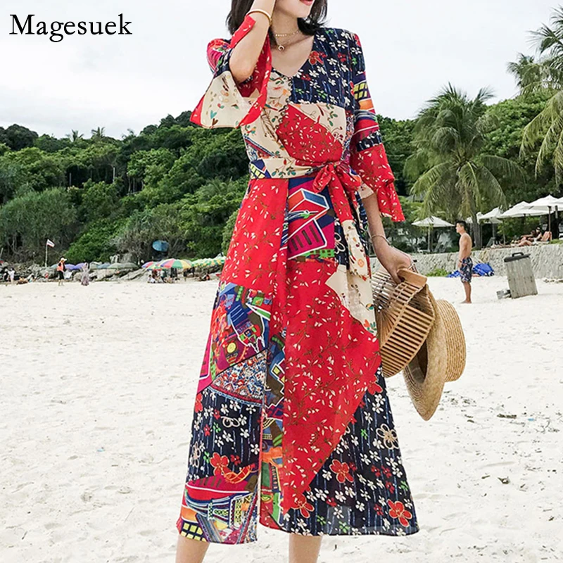 

Новинка осени Vestido женское платье с v-образным вырезом и принтом шифоновое платье женское свободное богемное платье для отдыха с высоким раз...