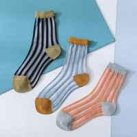 women ultra thin breathable glass fiber long ankle socks contrast color vertical stripes transparent mid tube hosiery