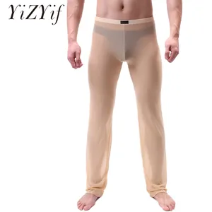 Mens Transparents Long Sleep Pants Ultra-thin solid Color See Through Mesh Pajama Bottoms Low Waist 