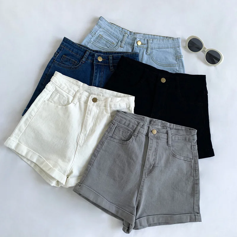 

Pantalones cortos vaqueros informales para mujer, Shorts ajustados con bolsillos y botones de cintura alta, ropa de calle para