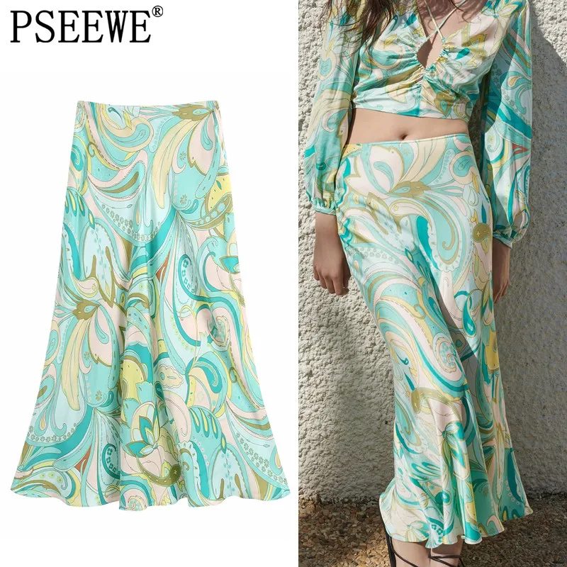 

PSEEWE Za Green Long Skirt Women Vintage Print High Waist Midi Skirt Fashion 2021 A Line Beach Elegant Summer Woman Skirts Sets