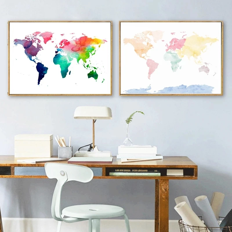

Modern Abstract Wall Art World Map Watercolor Paintings Nordic Cartoon Picture Western Canvas Posters Print Bedroom Decoration