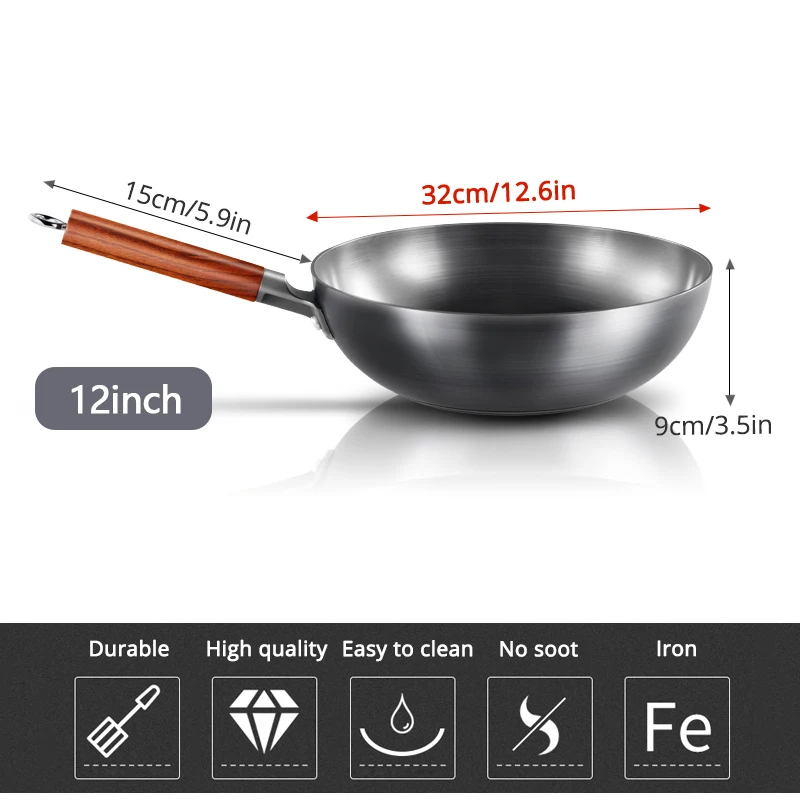High Quality Chinese Iron Wok Traditional Handmade Iron Wok Non-stick Pan Non-coating Induction and Gas Cooker Cookware