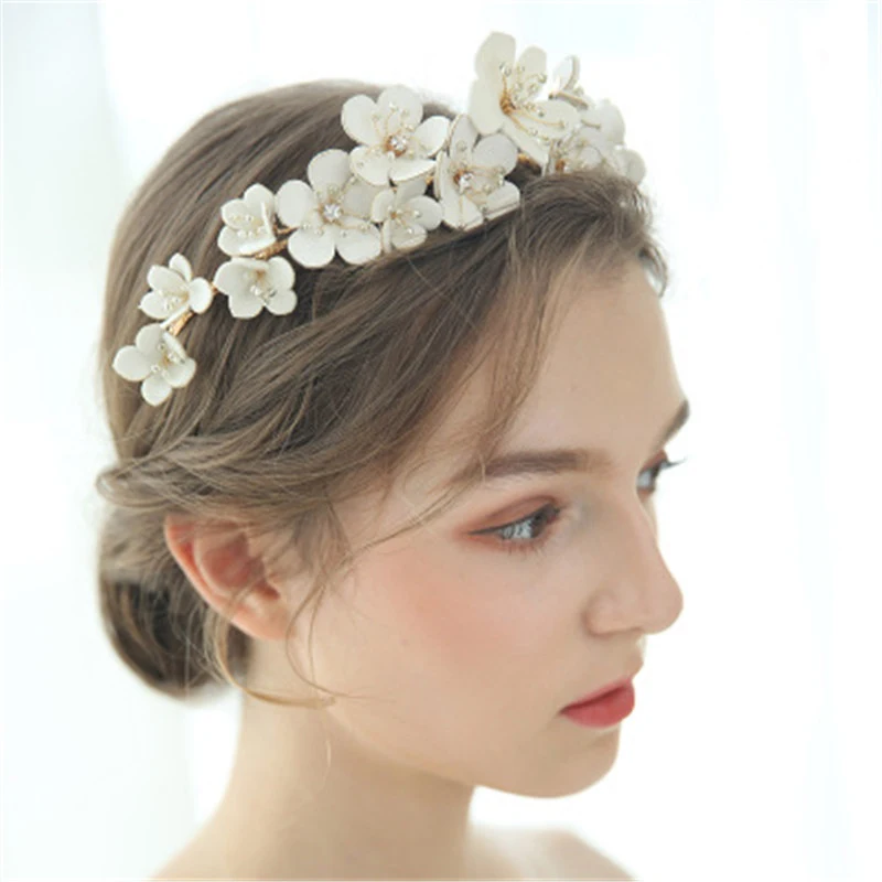 Hot White Flower Bridal Hairpins Beauty Handmade Floral Crown Wedding Jewelry Hair Accessories Rhinestone for Bride | Свадьбы и