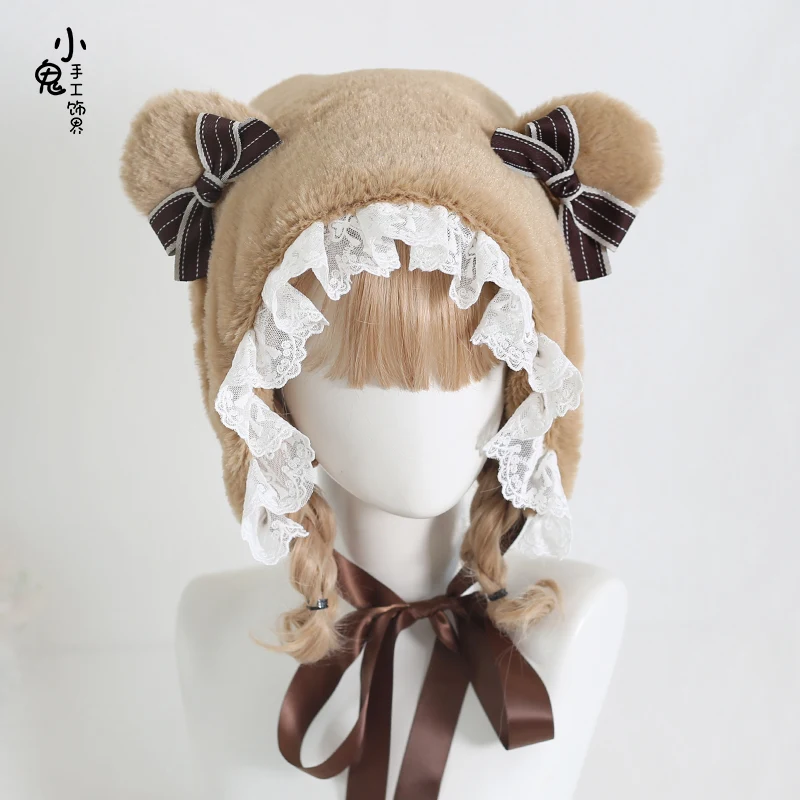 Lovely bear ear lei feng's cap lace lolita bowknot earmuffs joker fluffy brown hat in winter