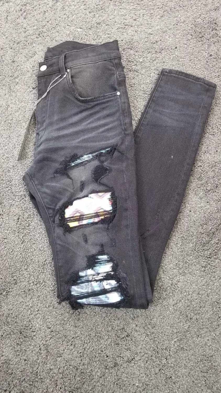 men art ribbed patch skinny distressed black jeans | Мужская одежда