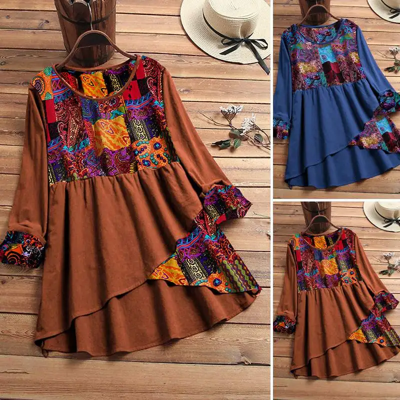 

Женская блузка в стиле пэчворк, осень 2021, кафтан, топы с принтом, повседневные блузы с длинным рукавом, женские топы с круглым вырезом, туника...