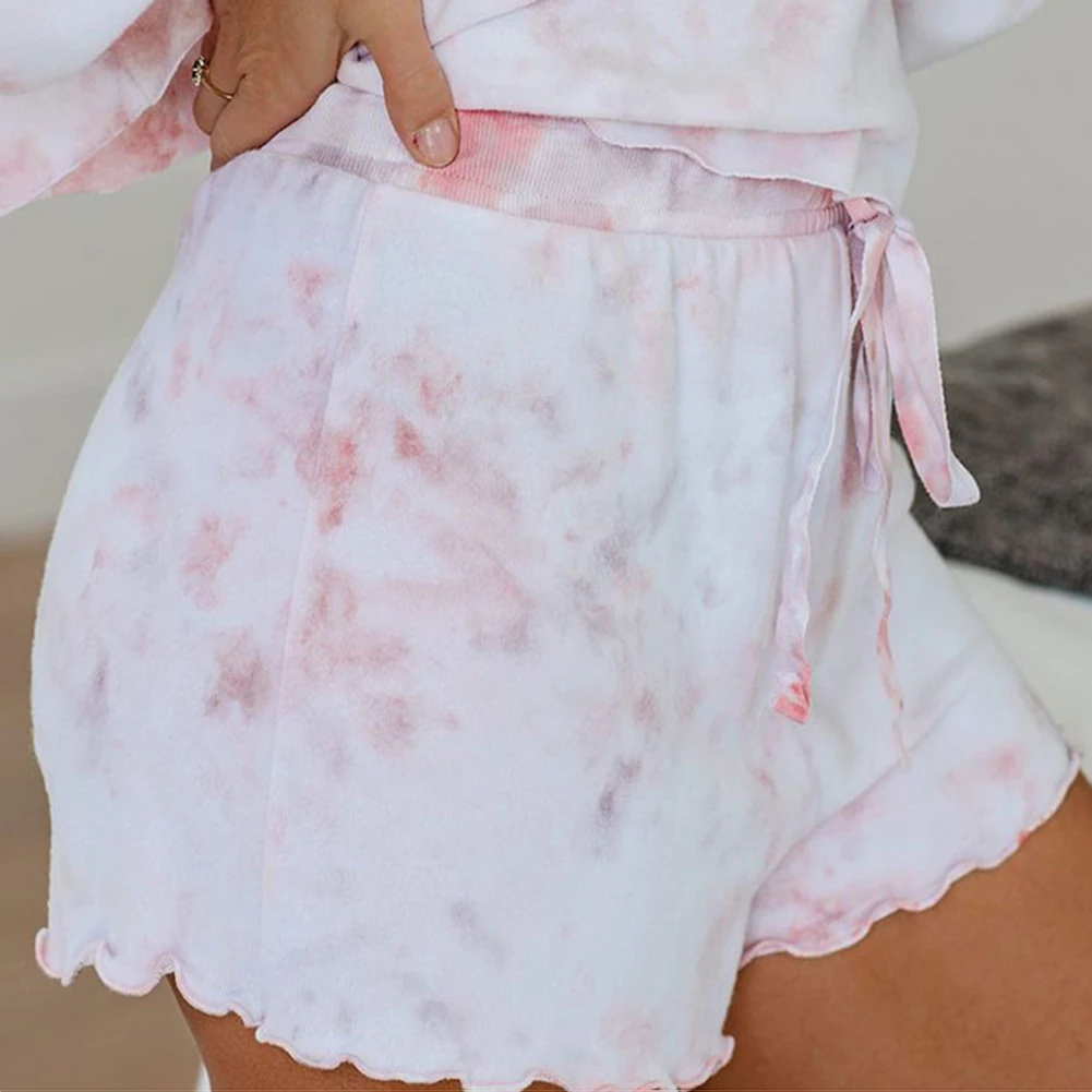 

2Pcs Women Tie Dye Printed Ruffle Lounge Set Long Sleeve Tops and Shorts Pajamas Set Sleepwear Drawstring Loungewear Set Outfits