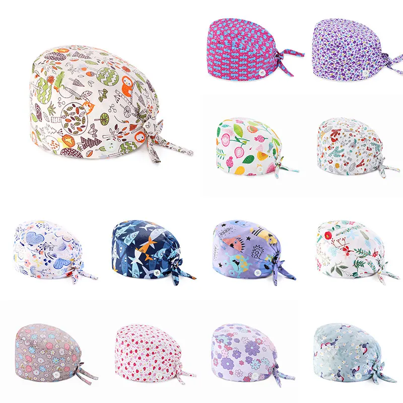 

1PC New Scrub Nurse Hat gorros quirurgicos Floral Bouffant Sanitary Cap with Sweatband Cartoon Printing Nursing Caps Scrub Cap