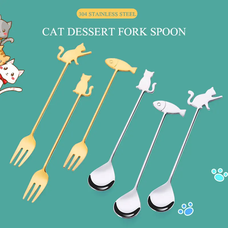 

Cute Creative Fork Spoons Set 2Pcs Stainless Steel Dessert Coffee Ice Cream Spoon Tableware Sets Fruit Fork Tea Spoon Tableware
