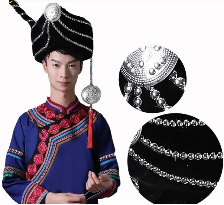 

Этническая сцена, новый стиль, мужская черная шляпа YiZu, ювелирные изделия для девочек, реквизит для танцев, выступлений, головной убор для мужчин, Юньнань, Китай