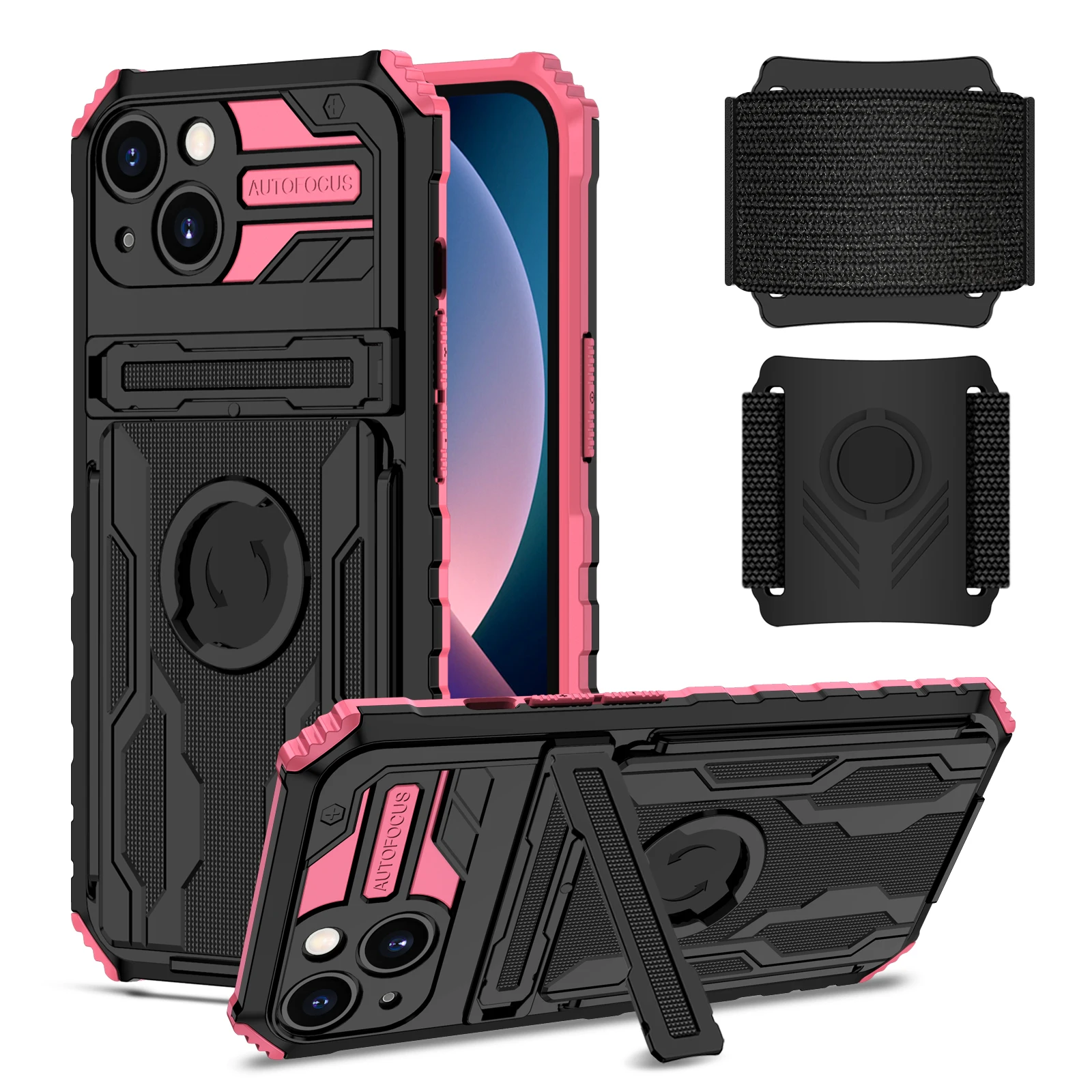 

Shockproof Armor Phone Case For iPhone 7 8 11 12 13 Plus SE 2020 X XS XR Pro Max Wristband Card Package Rugged PC Bracket Cover