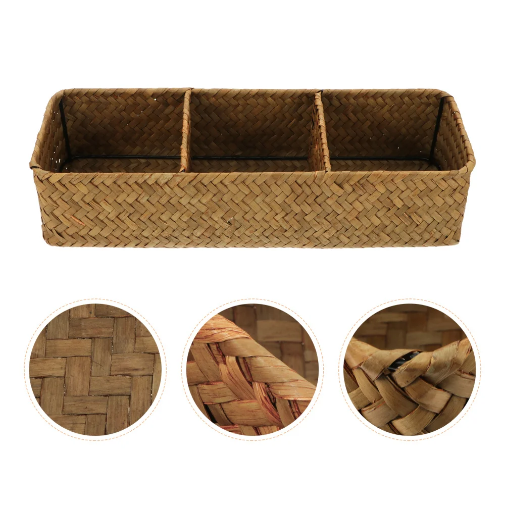 

1pc 3 Compartments Home Storage Box Sea Grass Woven Sundries Storage Case