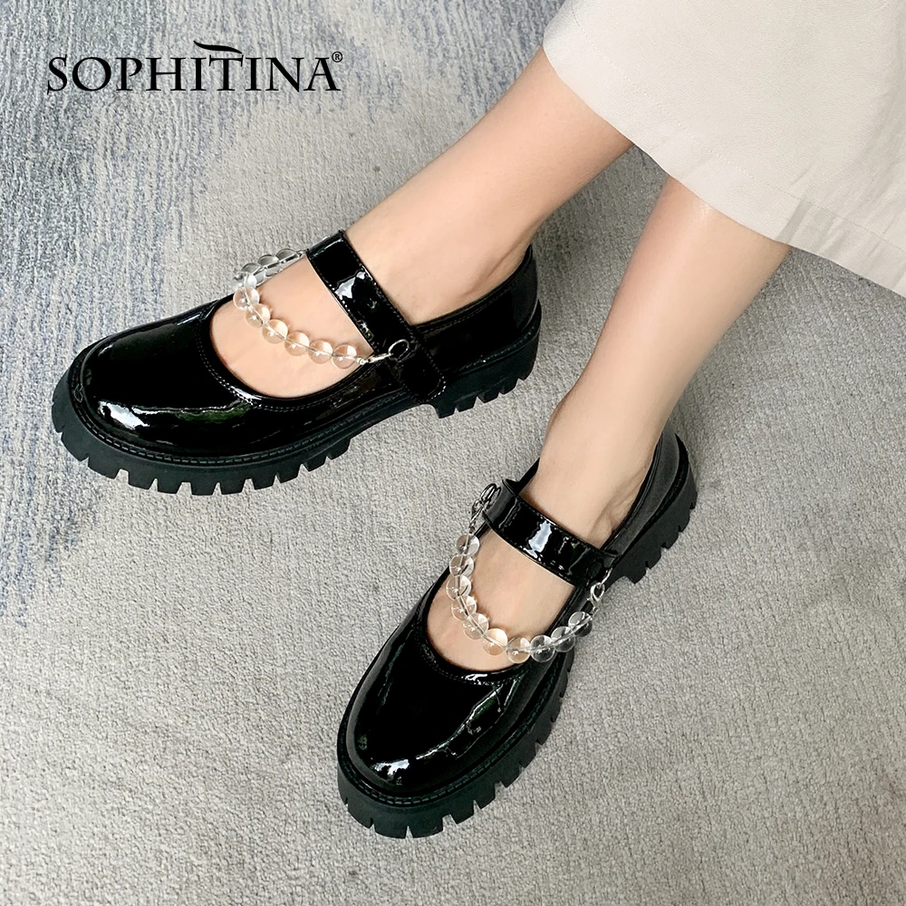 

SOPHITINA Mary Janes Shoes Comfortable Square Heel Round Toe Beaded Pumps Black Hook Loop Casual Thick Bottom Women Pumps DO953