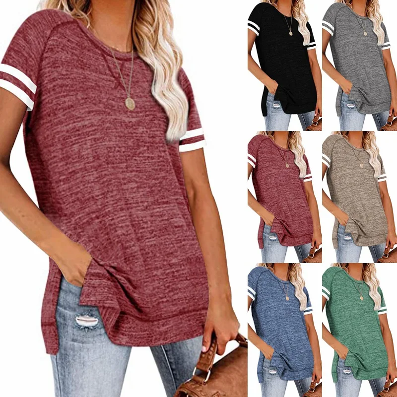 

Spring Summer Women's Solid Color Stitched Round-neck Short-sleeved T-shirt Top