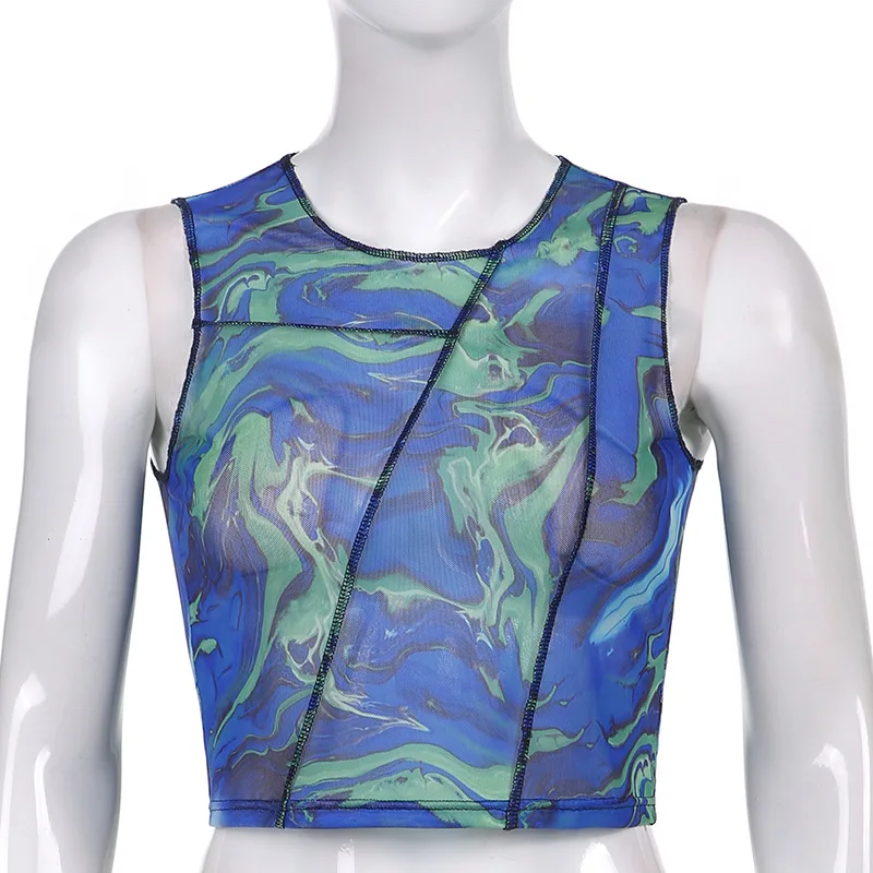 

New Vintage Mesh Tank Top Women Blue Y2k Patchwork Sleeveless Sexy Crop Top Summer Casual Paisley Design Slim Tops Fashion 2021