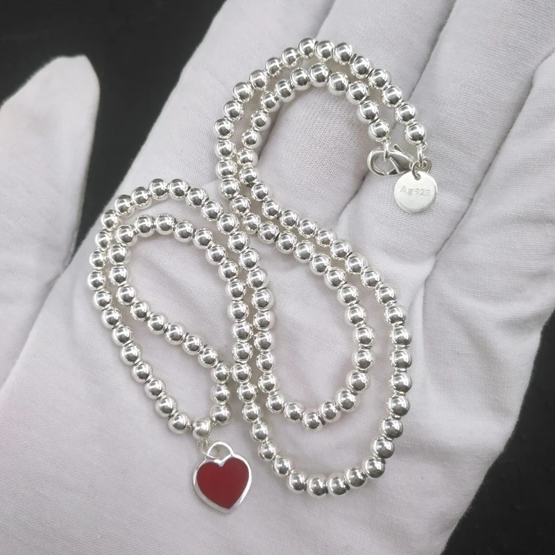 

S925 Sterling Silver Bead Necklace For Women Enamel Heart-shaped Pendant Original 1:1 Luxury Brand Jewelry Charm Tif Necklace