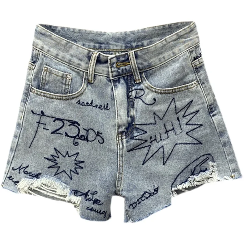 

2021 Summer women fashion letters embroidery ripped denim shorts high waist loose plus size short jeans 4XL 5XL A414