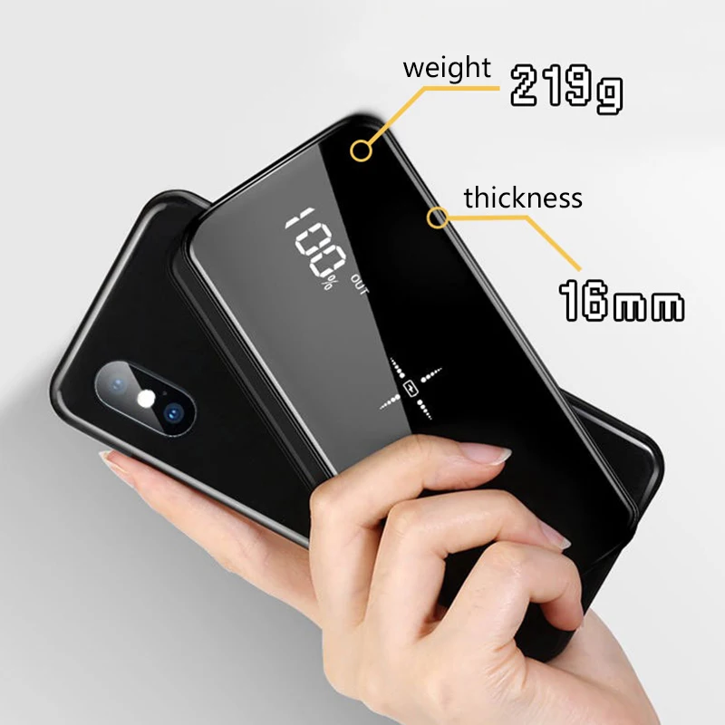 Wireless Power Bank Зеркало экран портативный 20000 мА/ч два USB выхода Быстрая зарядка