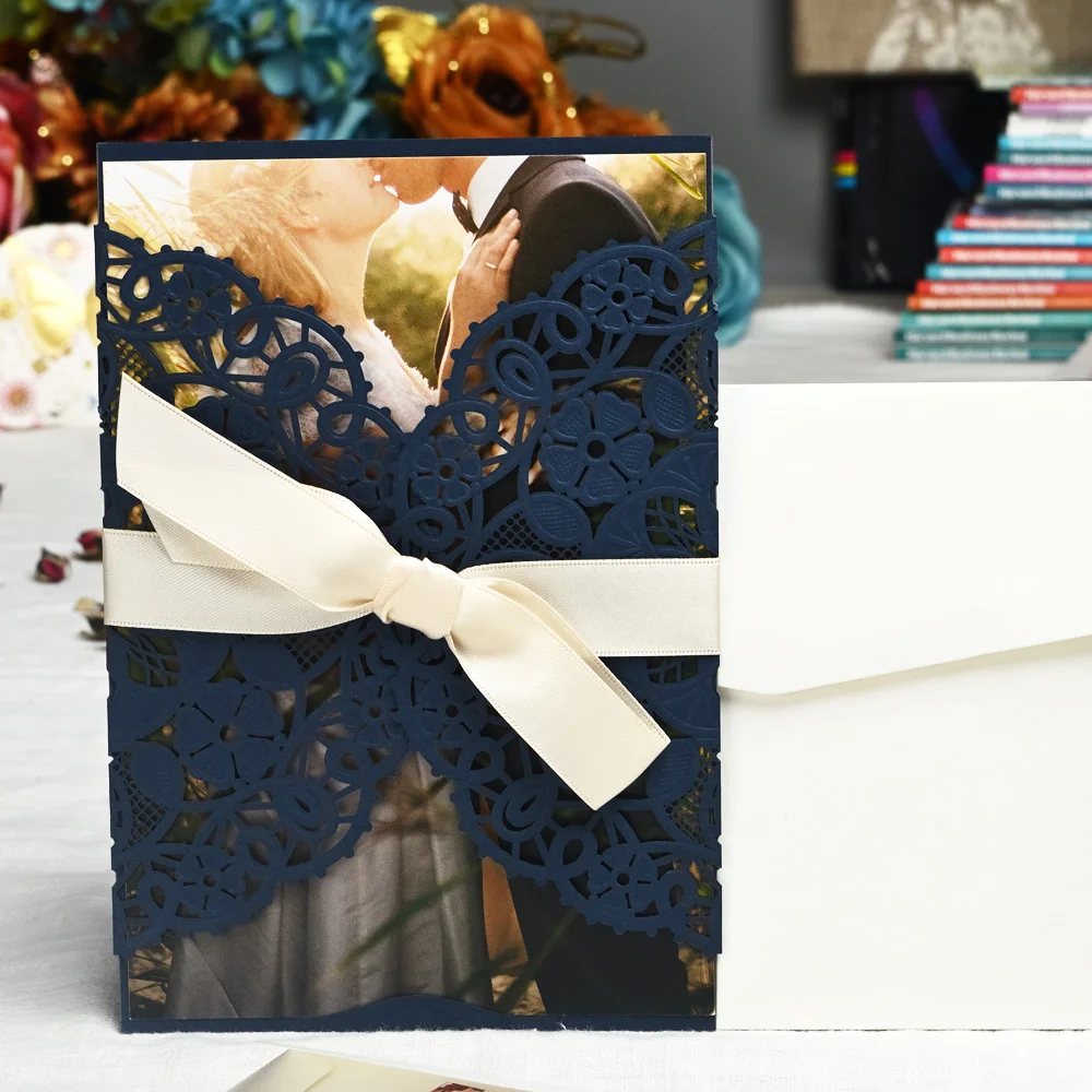 

50 Pieces Laser Cut Wedding Invitations with Ivory Lace Sleeve Invite Cards for Bridal Shower Engagement Birthday Party Favors