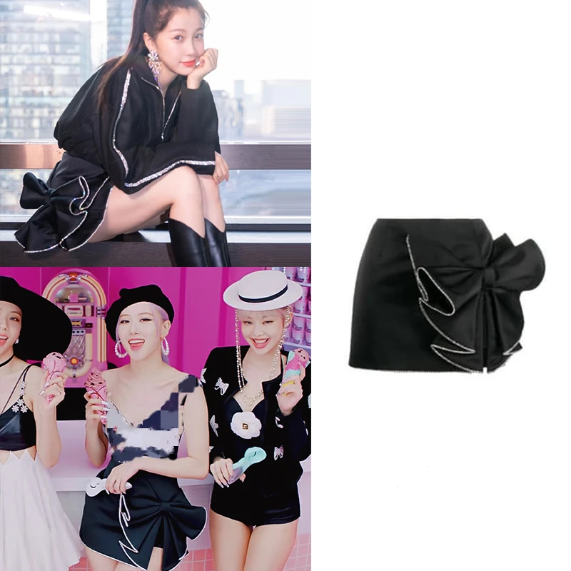 Kpop IU Seo Yea Ji ROSE Korean Party Women Bow-Knot Rhinestones Skirt Summer High Waist Girls Dance Cute A Line Sexy Mini Skirts