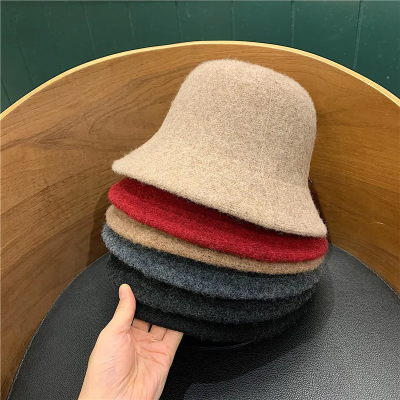 Autumn Winter Women Wool Bucket Hat 6 Colors Solid Dome Top Floppy Fishing Hats England All Match Caps Street Harajuku 56-58cm | Аксессуары