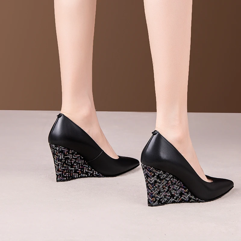 

autuspin Ladies Elegant Suede Leather Shoes Party Wedding Prom Dress Wedges Pumps Women Autumn Winter 8cm Crystal High Heels