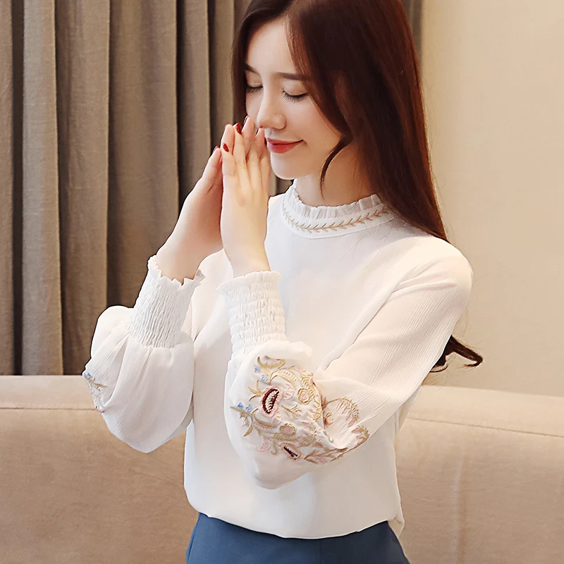

Korean Women Blouses Women Long Sleeve Shirts Woman Embroidered Blouse Woman Chiffon Tops Plus Size Blusas Mujer De Moda 2020