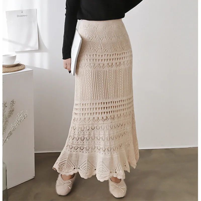 

2020 Straight Saia Midi Skirt Faldas Mujer Maxi Skirt Cotton None Tutu Saia Longa Solid New Top 2021 Women Hollow Knitted Hip
