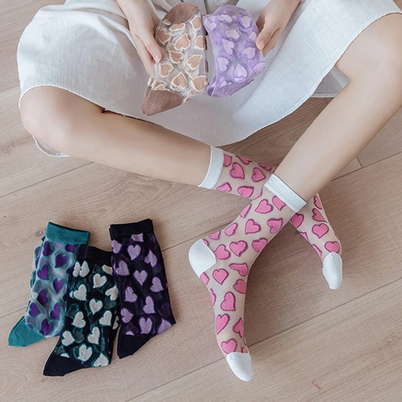 

Harajuku Crystal Silk Socks Creative Printing Mid-tube Socks Fashion Summer Breathable Glass Yarn Socks For Women Girls