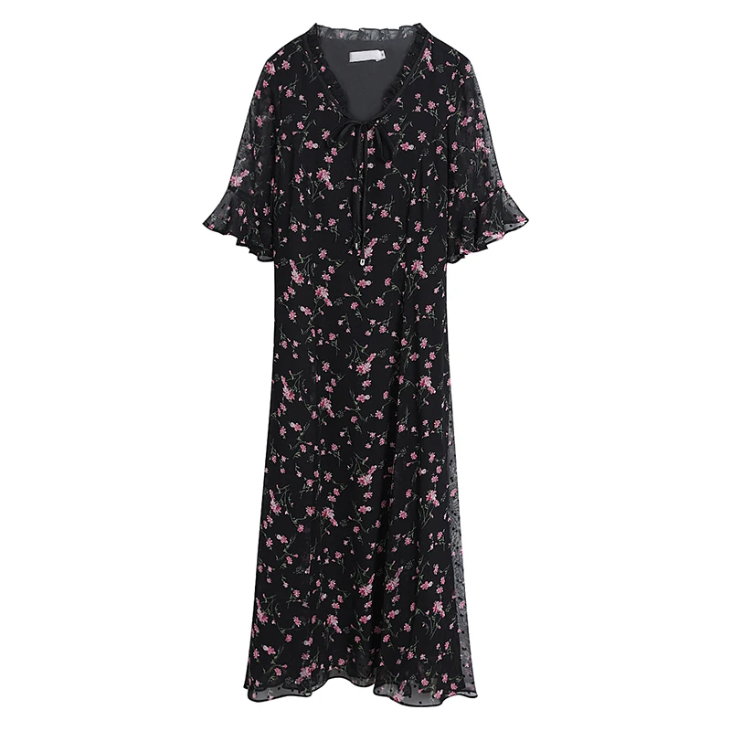 

2021 New Summer Women Dresses Casual Chiffon Floral Print Dress Ruffles Sleeve V-Neck Office Ladies Vintage Plus Size Dress