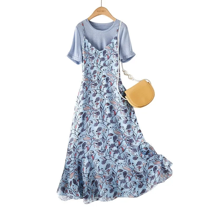 

Large size gentle dress Nice new summer floral skirt micro fat sister fake two-piece sling chiffon stitching skirt