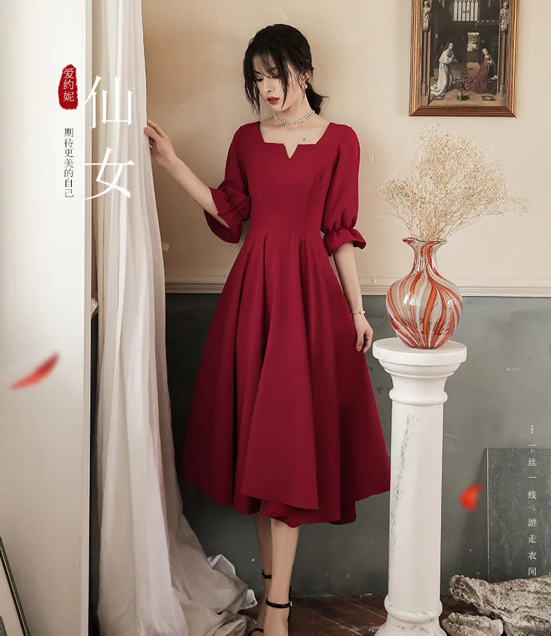 Longo a Linha Festa de Noite Vestido de Baile Robe de Soiree Feminino Borgonha Elegante Pescoço Quadrado Vestido Banquete Qipao