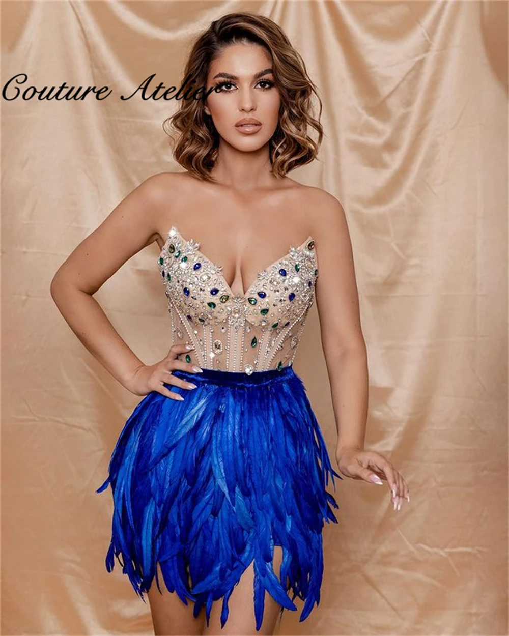 

Royal Blue Feathers Prom Dresses Luxury Mermaid Homecoming Dress Crystals Mini Cocktail Gowns Sweetheart robe de bal