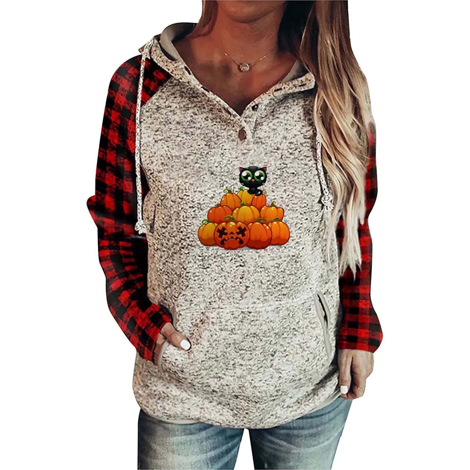 

Уличная одежда, толстовки для женщин 2021, винтажный пуловер с принтом на Хэллоуин, пуловер с воротником на пуговицах и карманами и кулиской, Ж...