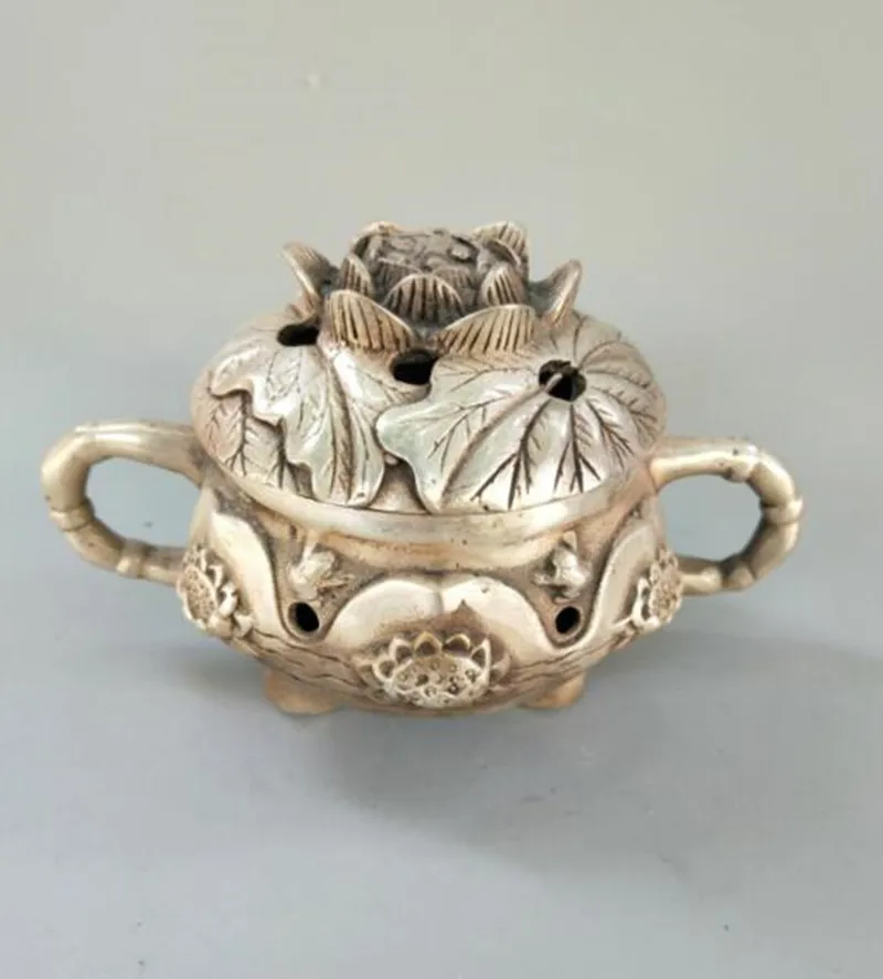 

Archaize exquisite crafts white copper Carved lotus incense burner