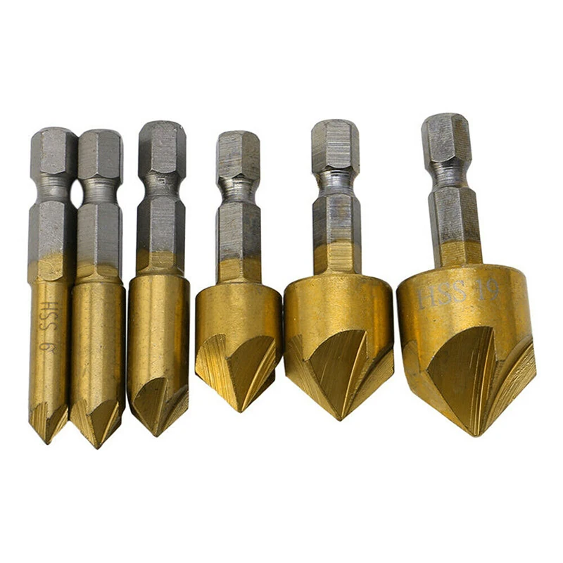 

6pcs HSS Countersink Drill Bit Set Hex Shank 90 End Chamfer Wood Cutter Tool