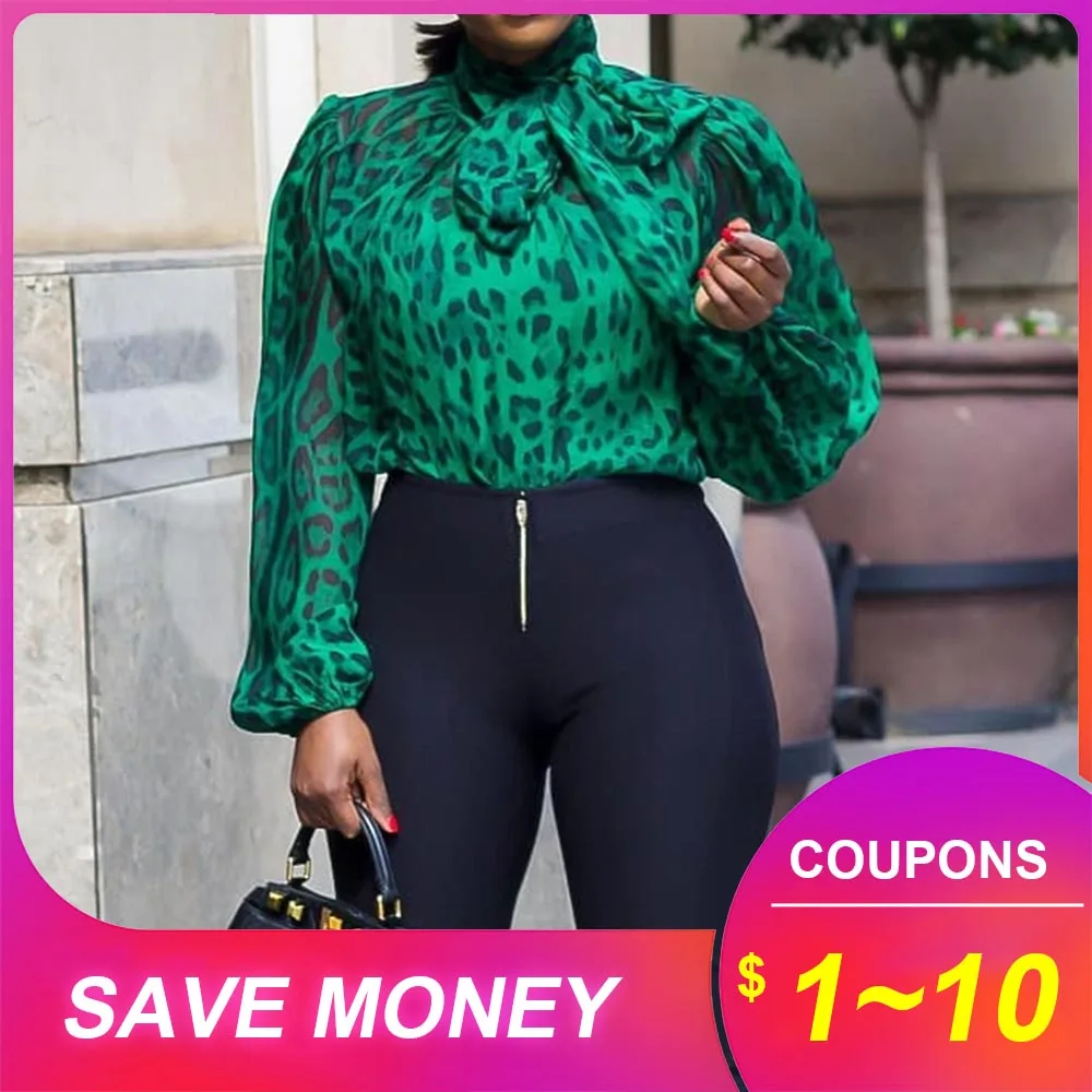 Зеленая блузка с принтом leпарad осенняя офисная одежда рукавами фонариками