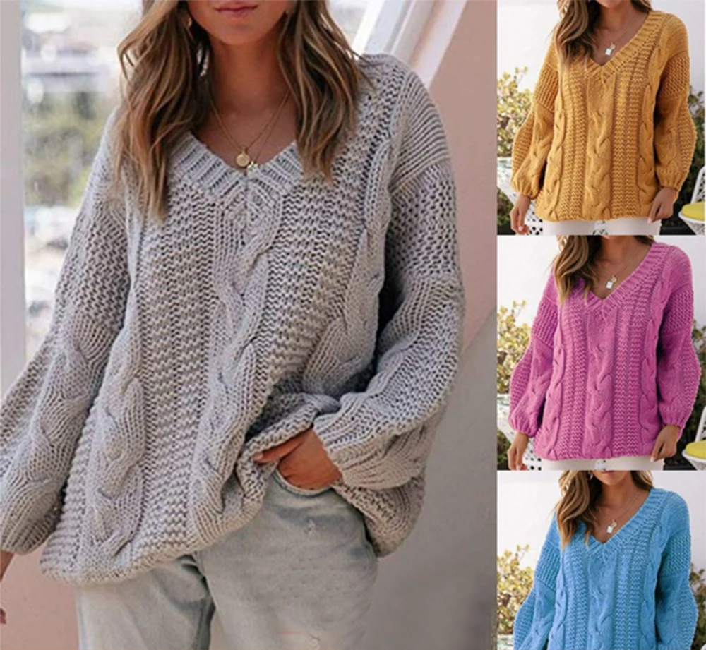 

Winter Thick Sweater Women Fashion V-neck Long Sleeved Knitted Plus Size Twist Sweaters Casual Solid Warm Soft Jumpers Pull