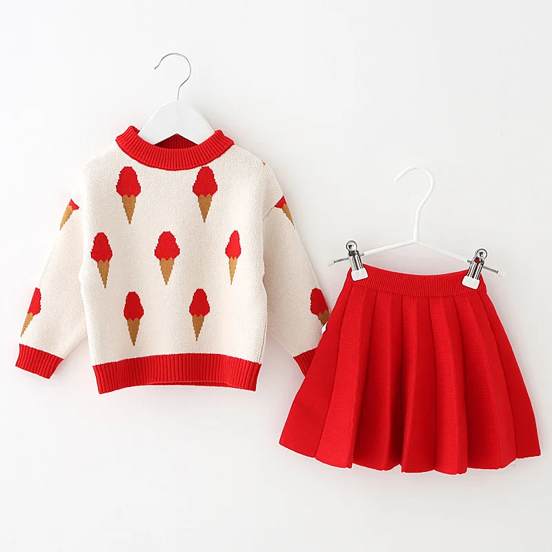 

Girls Autumn Winter Clothes Sets Kids Cute Cartoon Ice Cream Sweater With Tutu Skirt 2 Piece 3-7 Years Children Knitted Clothing