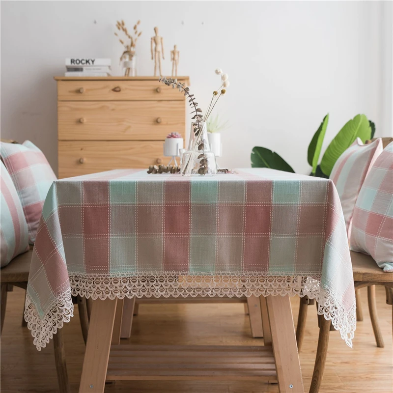 

Plaid Lattice Lace Rectangular Waterproof Tablecloth Wedding Party Table Cover Polyester Home Dinner Tea Table Cloth