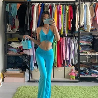 y2k streetwear sexy bandage blue co ord suits 2021 fashion drawstring halter top and high waist flare pants 2 piece set club