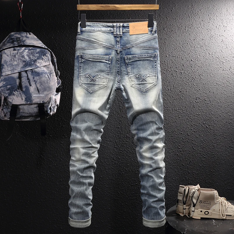 European Vintage Fashion Men Jeans Retro Light Gray Blue Elastic Designer Slim Jeans Men Korean Style Plain Casual Denim Pants